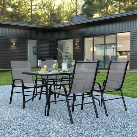 Flash Furniture 5PC Patio Set-55" Glass Table, 4 Gray Chairs TLH-089REC-303CGY4-GG
